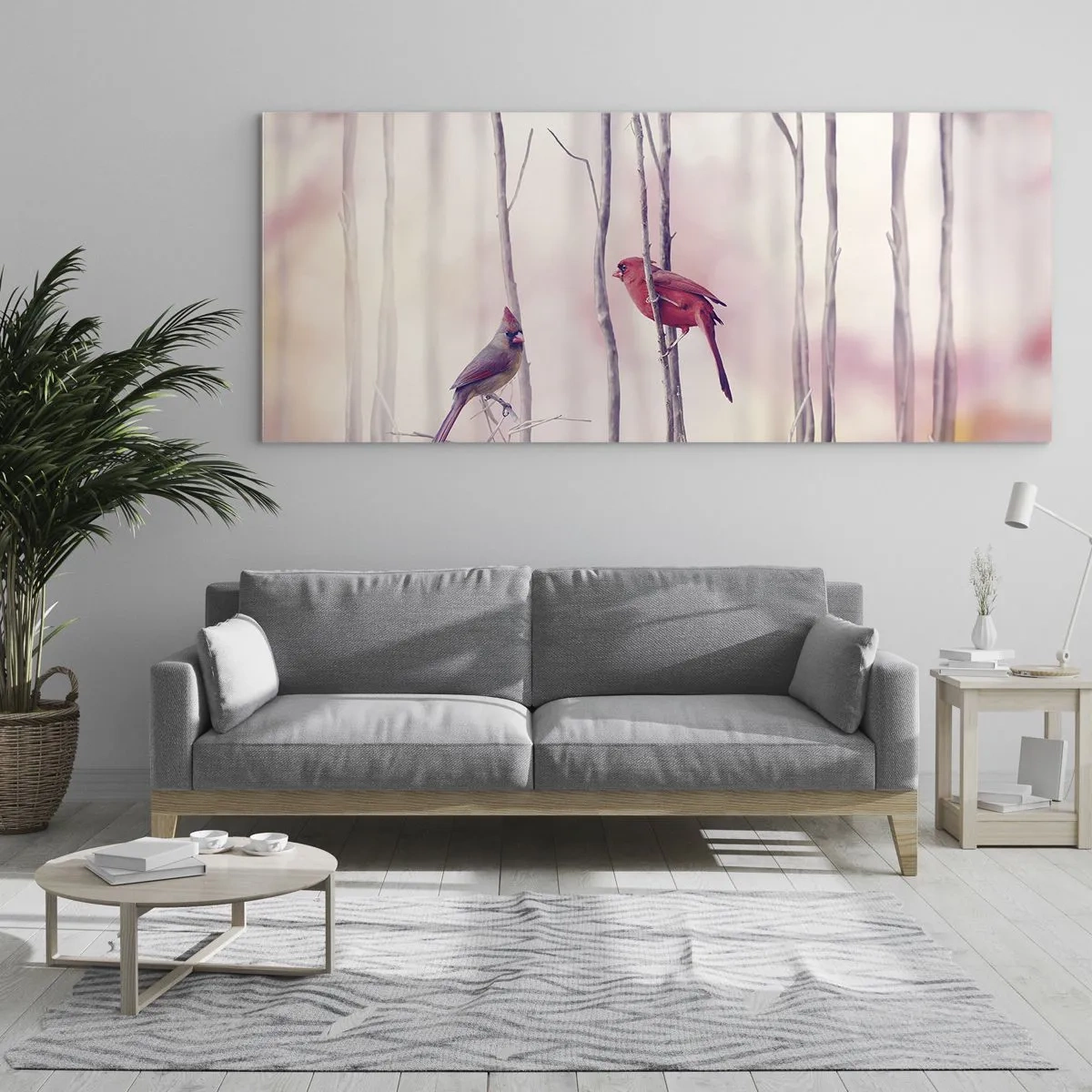 Obraz na szkle - Para kardynałów na gałęziach w pastelowym krajobrazie - 120x50cm - Opowieść różowego lasu - Nowoczesna dekoracja ścienna do salonu i sypialni ARTTOR