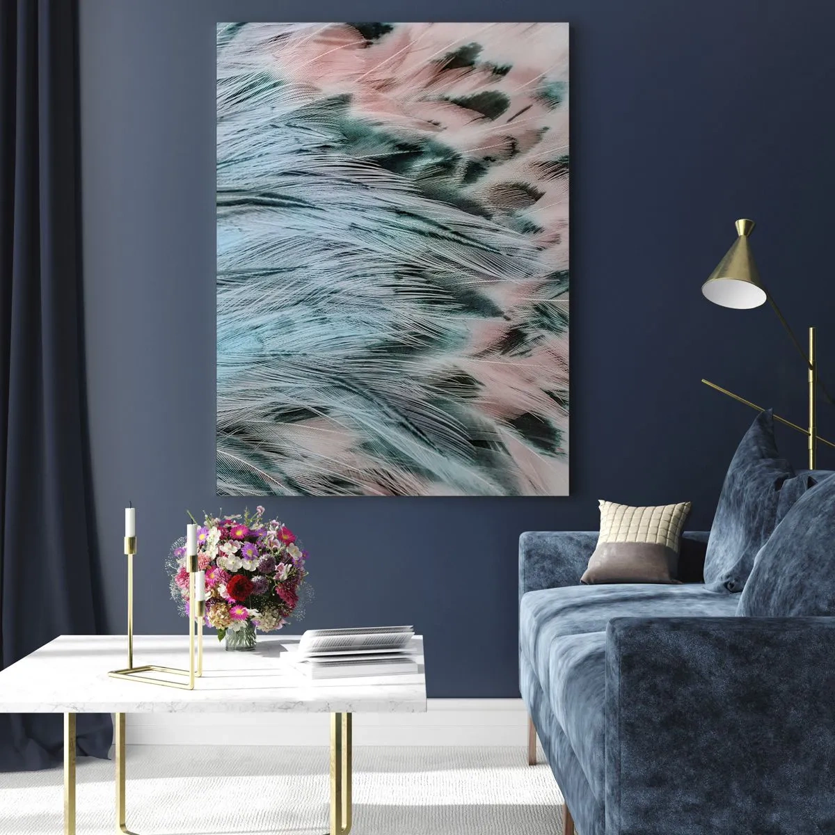 Obraz na szkle - Zbliżenie na pióra w szafirowo-różowych odcieniach - 50x70cm - Szafirowo-różowy puch - Nowoczesna dekoracja ścienna do salonu, kuchni i sypialni ARTTOR