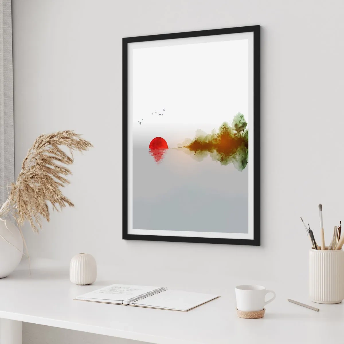 Plakat w czarnej ramie - Minimalistyczny pejzaż z czerwonym słońcem i jeziorem - 50x70cm - Obietnica spokoju - Nowoczesna dekoracja ścienna do salonu i sypialni ARTTOR