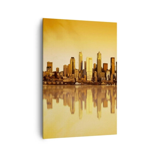 Obraz na płótnie - Panorama miasta odbijająca się w wodzie o zachodzie słońca - 70x100cm - Cisza metropolii - Nowoczesna dekoracja ścienna do salonu i sypialni ARTTOR