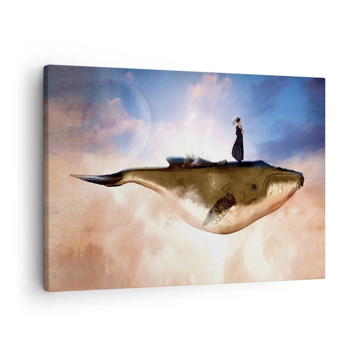 Obraz na płótnie - Fantastyczna scena kobiety na wielorybie wśród chmur - 70x50cm - Nadrealna podróż - Nowoczesna dekoracja ścienna do salonu i sypialni ARTTOR