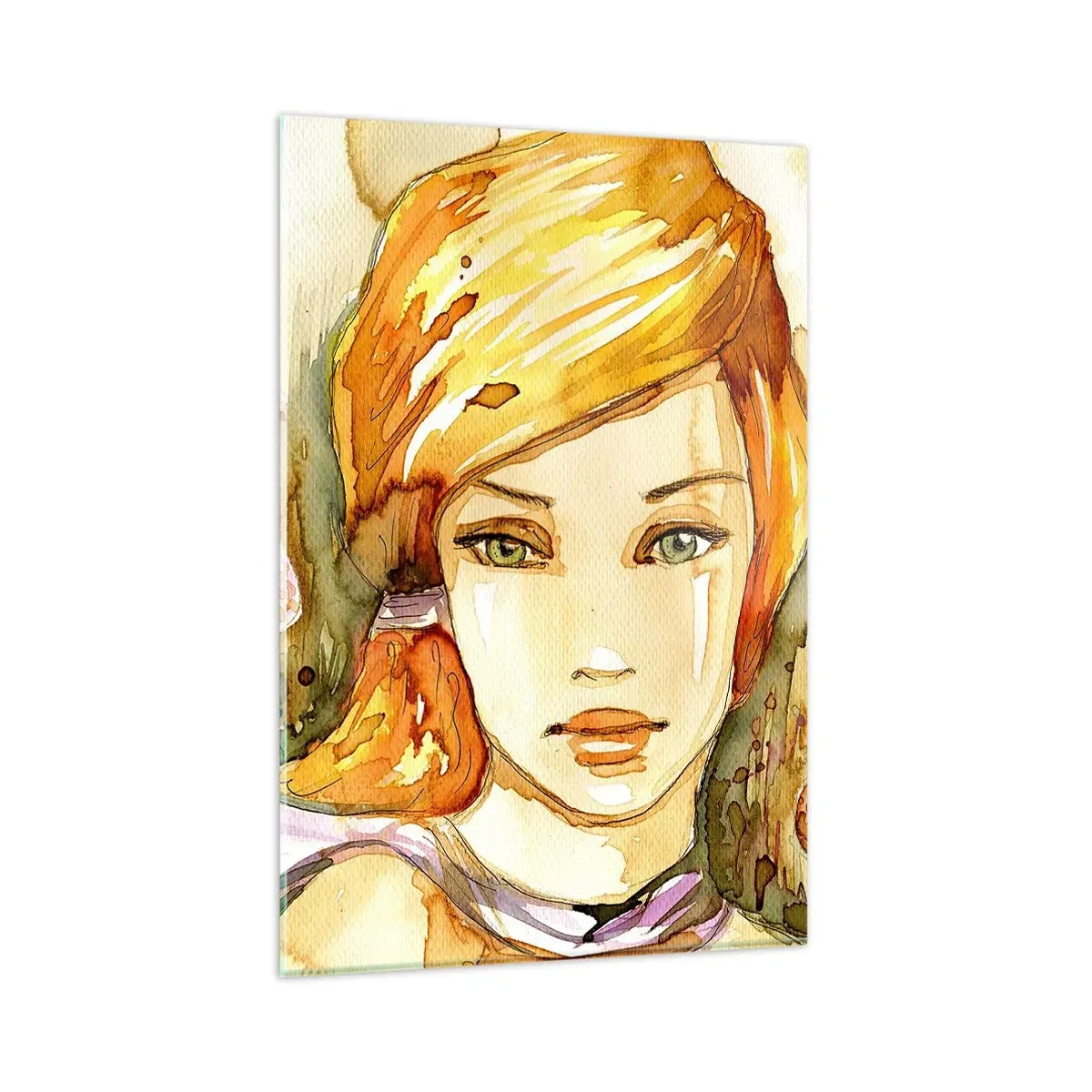 Obraz na szkle - Portret kobiety w akwarelowych kolorach z intensywnym spojrzeniem - 80x120cm - Szmaragdowe spojrzenie, co ucisza gniew - Nowoczesna dekoracja ścienna do salonu i sypialni ARTTOR