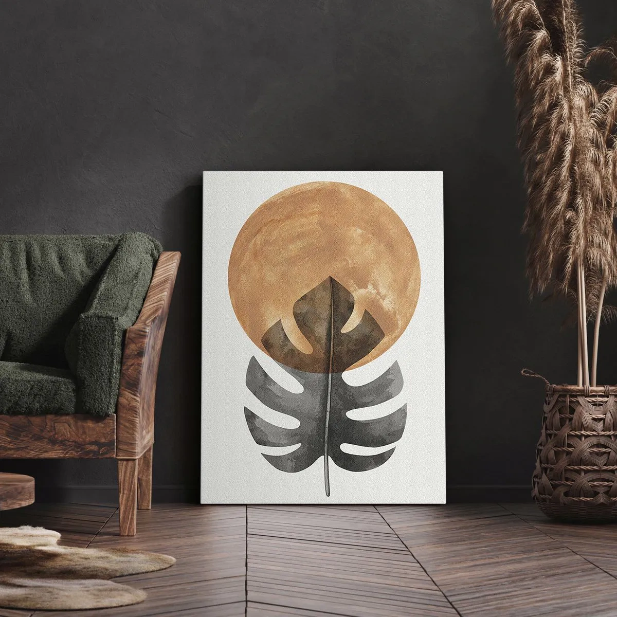 Obraz na płótnie - Grafika z liściem monstery na tle ciepłego słońca - 50x70cm - Zawsze słońce - Nowoczesna dekoracja ścienna do salonu, kuchni i sypialni ARTTOR