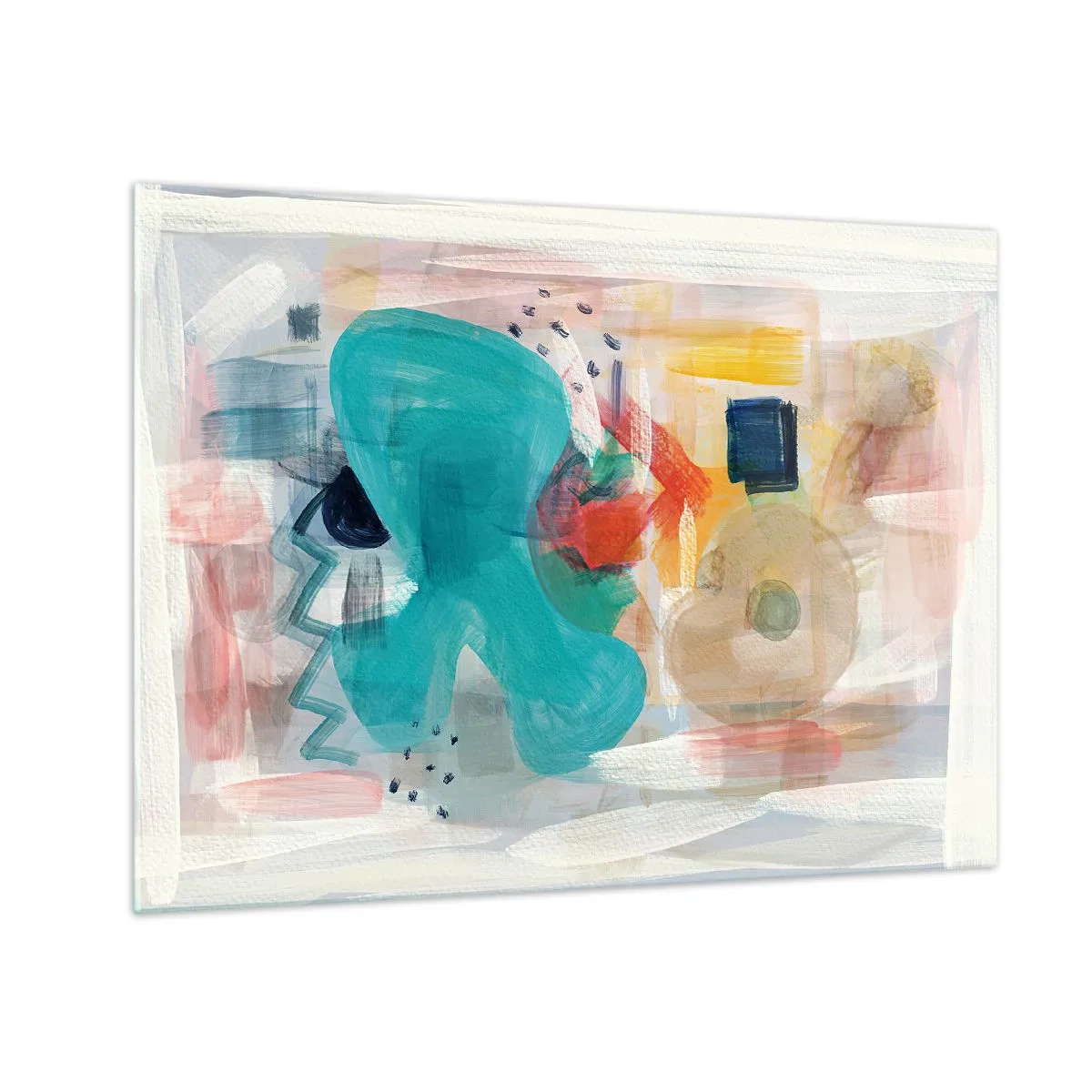 Obraz na szkle - Kolorowa abstrakcja z plamami turkusu, czerwieni i beżu - 70x50cm - Kolorowa gra - Nowoczesna dekoracja ścienna do salonu i sypialni ARTTOR
