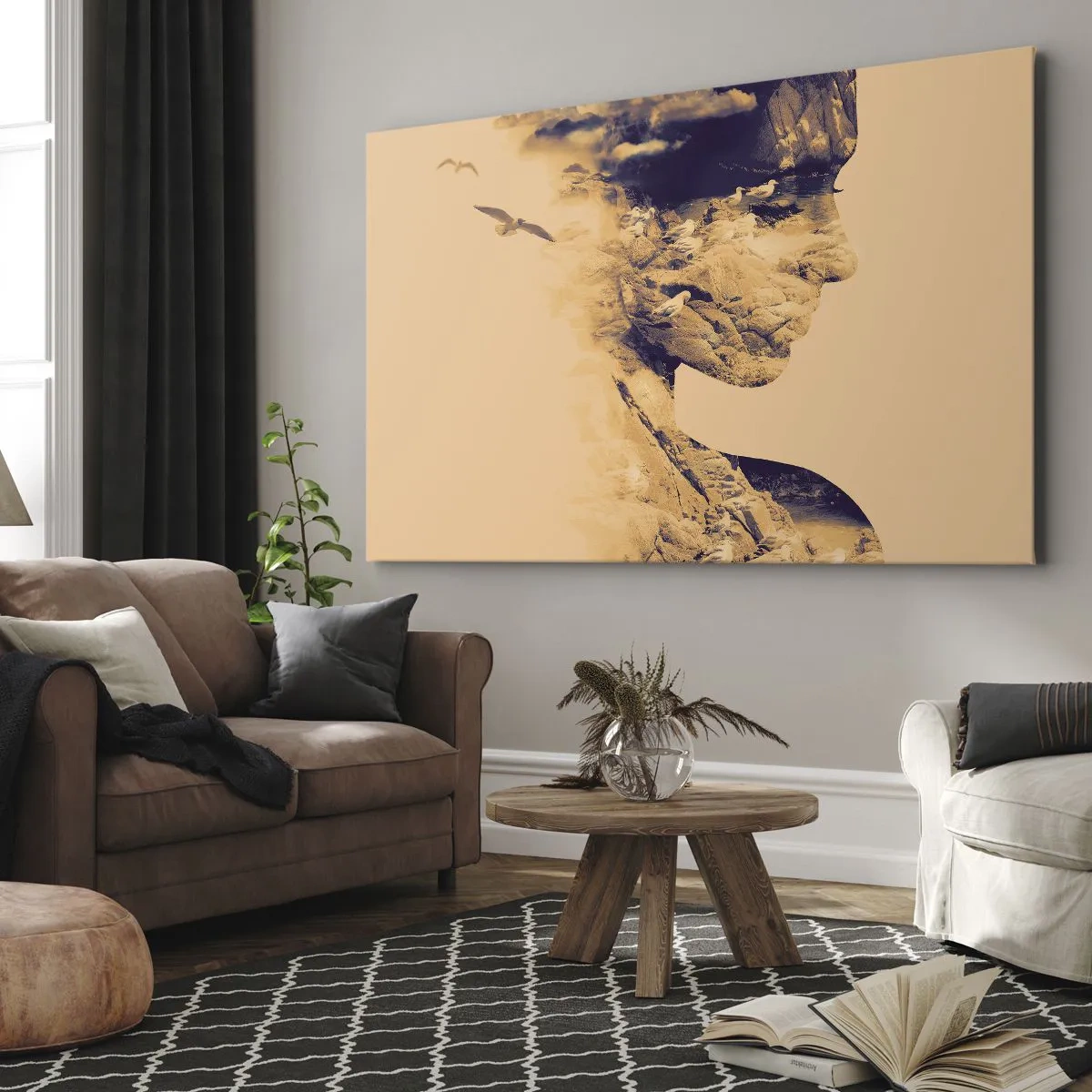Obraz na płótnie - Profil kobiety z naturą w tle w ciepłych tonach - 70x50cm - Piękna z natury - Nowoczesna dekoracja ścienna do salonu i sypialni ARTTOR