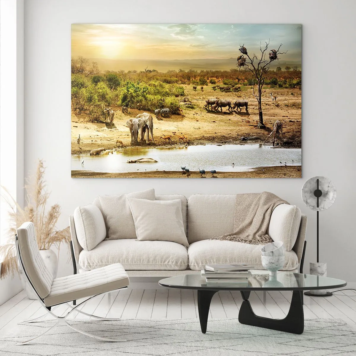 Obraz na szkle - Słonie i zwierzęta przy wodopoju na tle afrykańskiego krajobrazu - 70x50cm - "Z Edenu zaś wypływała rzeka…" - Nowoczesna dekoracja ścienna do salonu i sypialni ARTTOR