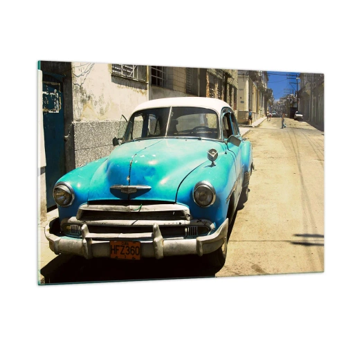 Obraz na szkle - Zabytkowy niebieski samochód na ulicy w słońcu - 120x80cm - Evviva Cuba! - Nowoczesna dekoracja ścienna do salonu, kuchni i sypialni ARTTOR
