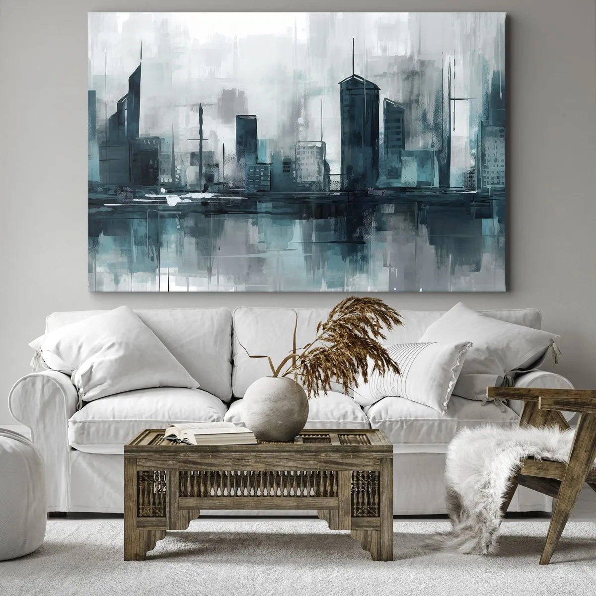 Obraz na płótnie - Nowoczesne miasto w odcieniach turkusu i szarości - 70x50cm - Miasto w kolorze deszczu - Nowoczesna dekoracja ścienna do salonu i sypialni ARTTOR