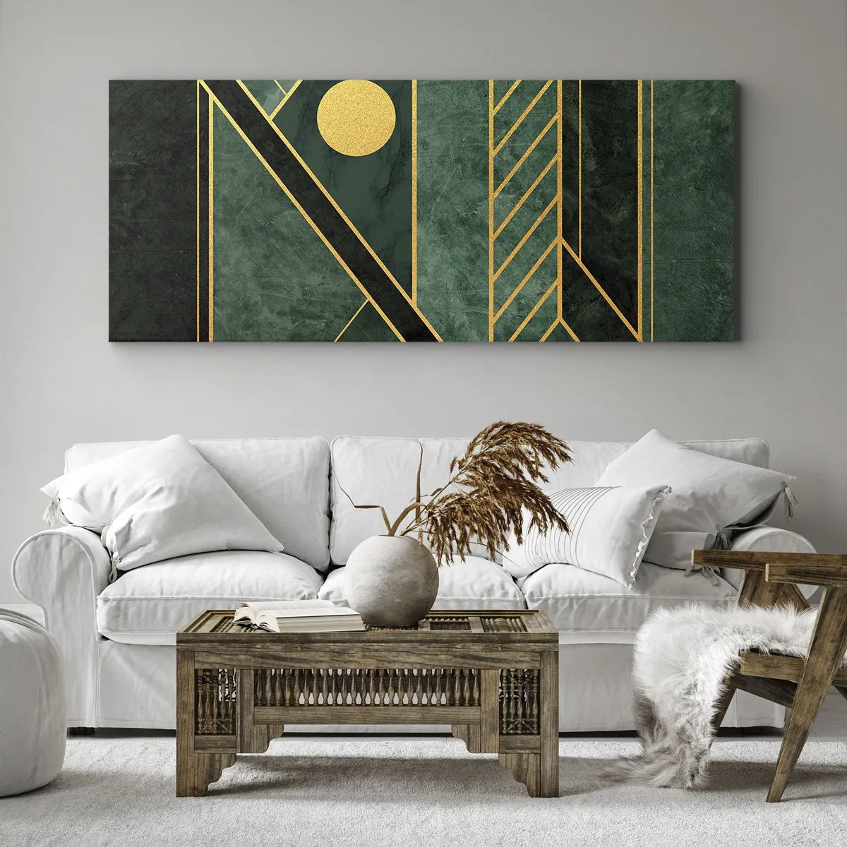 Obraz na płótnie - Geometria w zieleni i złocie z eleganckim wzorem - 160x50cm - Dynamika złota i lazuru - Nowoczesna dekoracja ścienna do salonu i sypialni ARTTOR