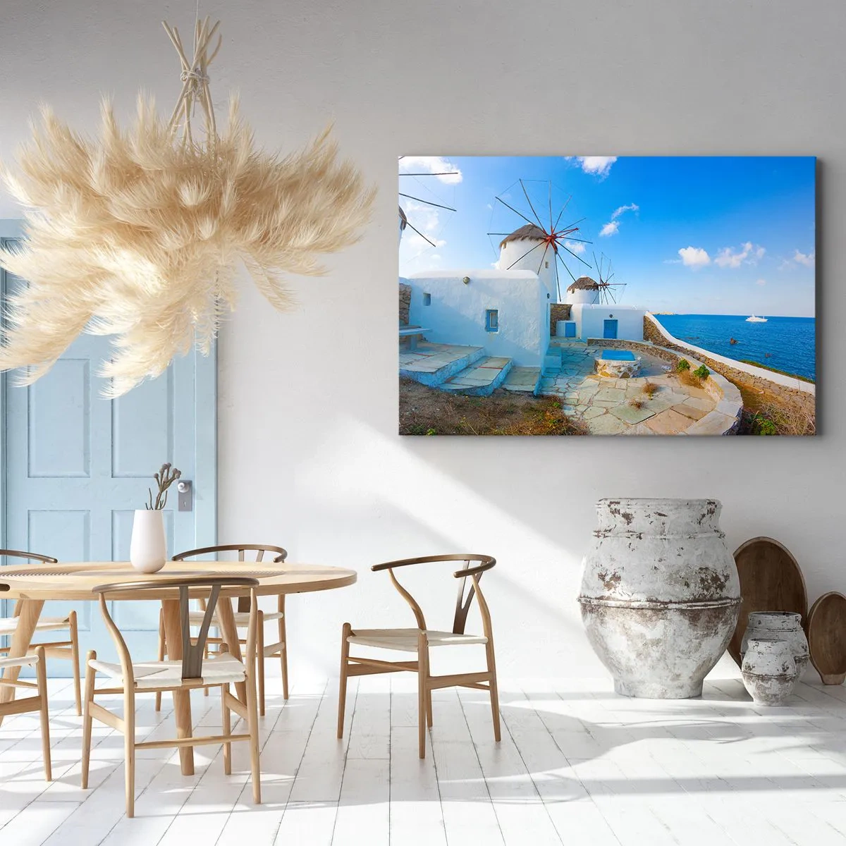 Obraz na płótnie - Białe wiatraki nad brzegiem błękitnego morza - 70x50cm - Błękitny wiatr od morza - Nowoczesna dekoracja ścienna do salonu i sypialni ARTTOR