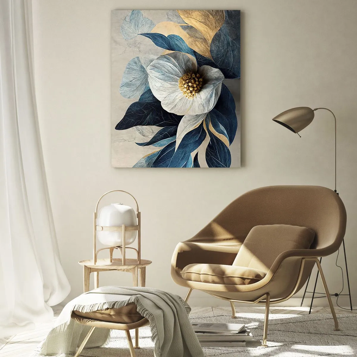 Obraz na szkle - Biała kwiatowa kompozycja z granatowymi liśćmi i złotym środkiem - 50x70cm - Ma złote serce - Nowoczesna dekoracja ścienna do salonu, kuchni i sypialni ARTTOR