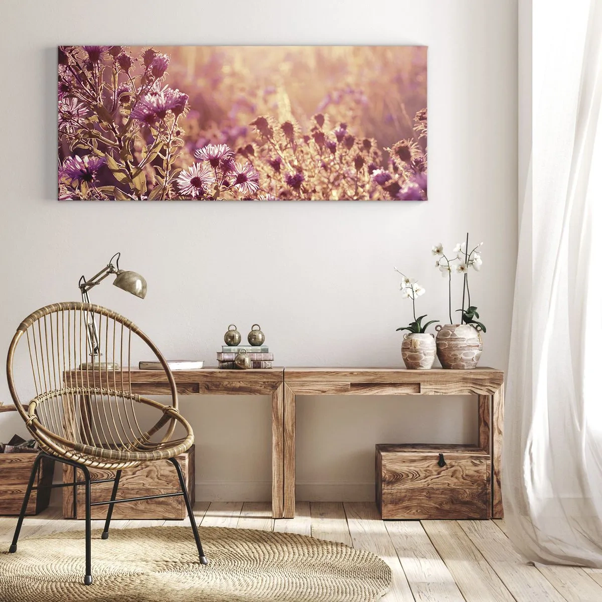 Obraz na płótnie - Łąka w świetle zachodzącego słońca - 160x50cm - Przed odejściem lata - Nowoczesna dekoracja ścienna do salonu i sypialni ARTTOR