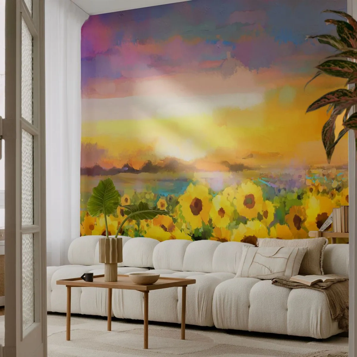 Fototapeta Premium Sand - Pole słoneczników w promieniach zachodzącego słońca - 100x70cm - Samo słońce zstąpiło na ziemię - Nowoczesna dekoracja ścienna do salonu, kuchni i sypialni ARTTOR