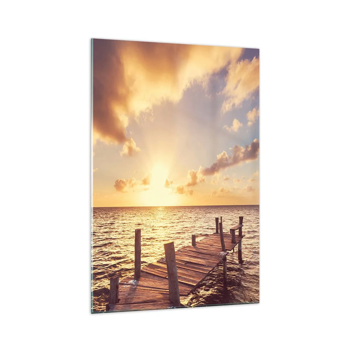Obraz na szkle - Drewniany pomost prowadzący w stronę zachodu słońca - 70x100cm - Złota kraina łagodności - Nowoczesna dekoracja ścienna do salonu i sypialni ARTTOR