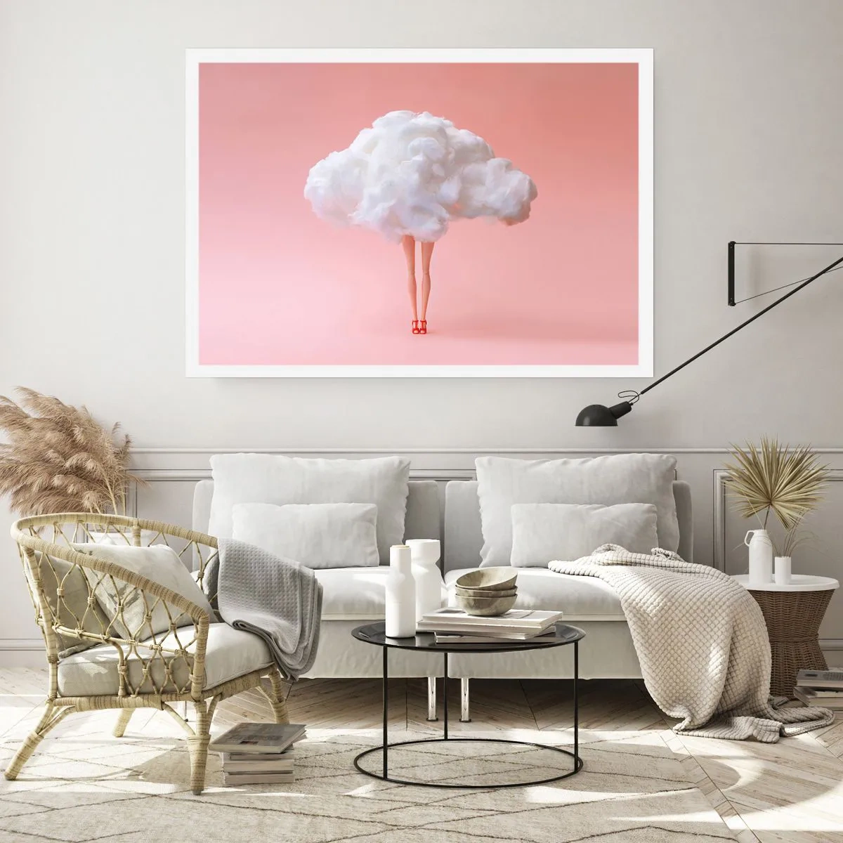 Plakat - Nogi w chmurze na różowym tle - 100x70cm - Słodka obietnica - Nowoczesna dekoracja ścienna do salonu i sypialni ARTTOR