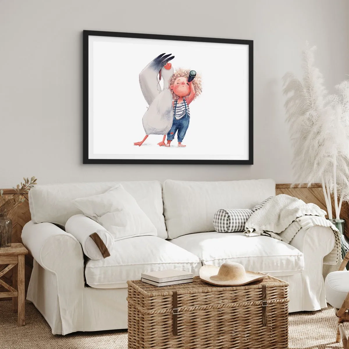 Plakat w czarnej ramie - Ilustracja dziecka z pelikanem i lunetą w ręku - 100x70cm - Plan wielkiej podróży - Nowoczesna dekoracja ścienna do salonu i sypialni ARTTOR