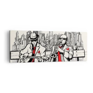 Obraz na płótnie - Jazzowy duet z saksofonem i gitarą na tle miasta - 140x50cm - Nowojorska improwizacja - Nowoczesna dekoracja ścienna do salonu i sypialni ARTTOR