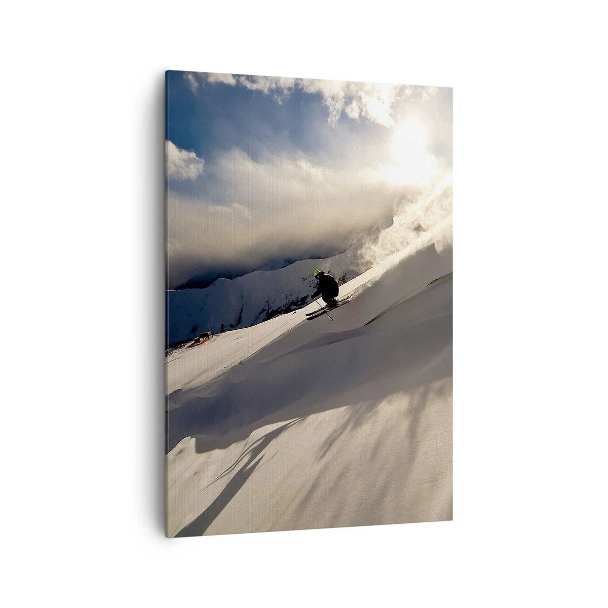 Obraz na płótnie - Narciarz na stoku w otoczeniu gór i śniegu - 70x100cm - Podjęte wyzwanie gór - Nowoczesna dekoracja ścienna do salonu i sypialni ARTTOR