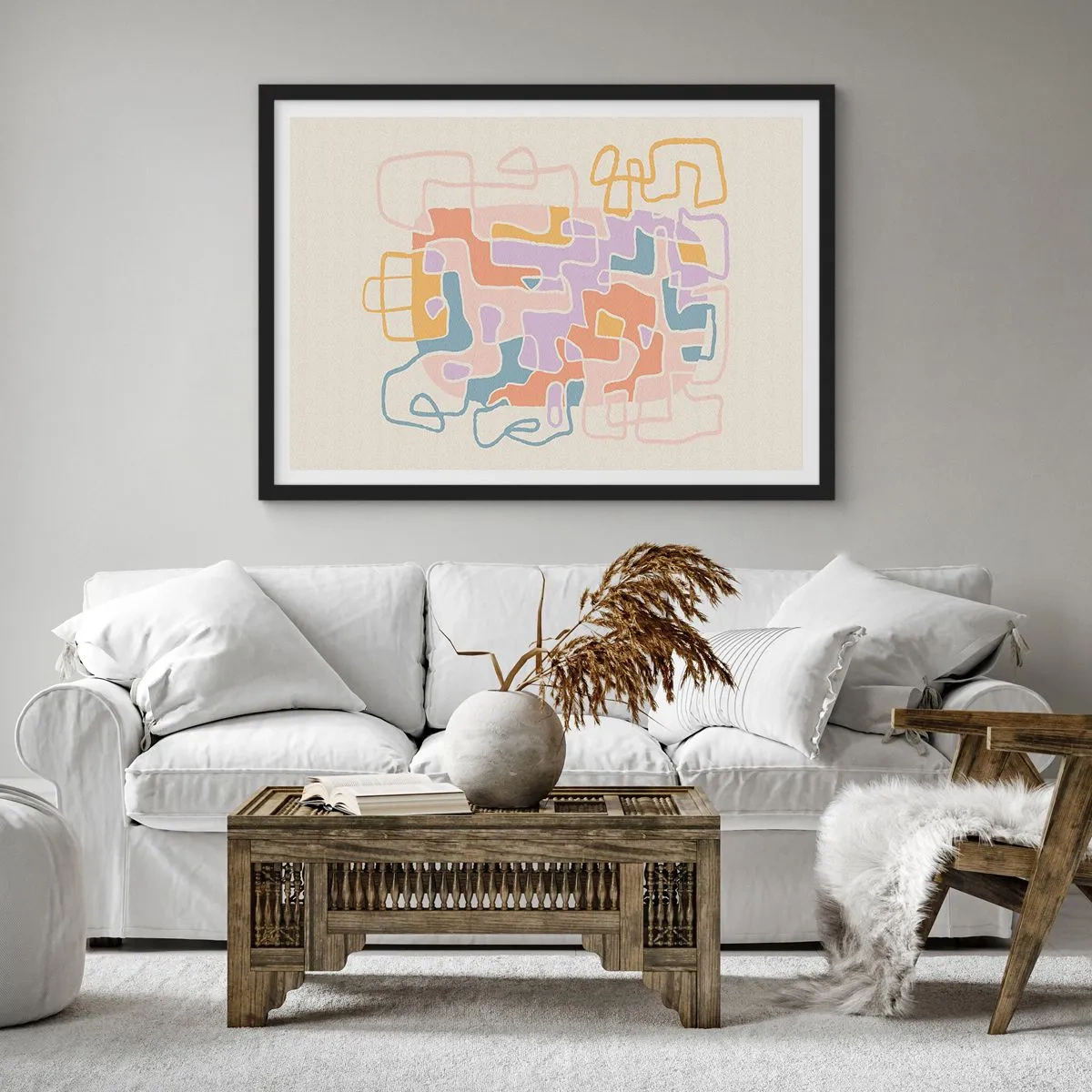 Plakat w czarnej ramie - Pastelowe abstrakcyjne linie tworzące geometryczne wzory - 70x50cm - Labirynt – radosna przygoda - Nowoczesna dekoracja ścienna do salonu i sypialni ARTTOR