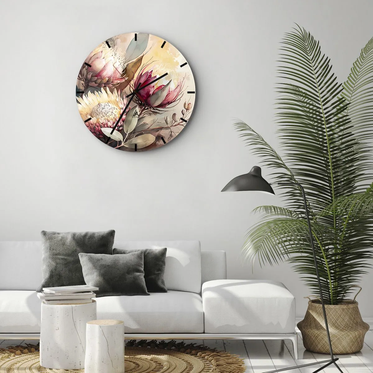 Zegar ścienny - Kwiaty protei w artystycznym stylu na jasnym tle - 30x30cm - Z profilu i en face - Nowoczesna dekoracja ścienna do salonu, kuchni i sypialni ARTTOR