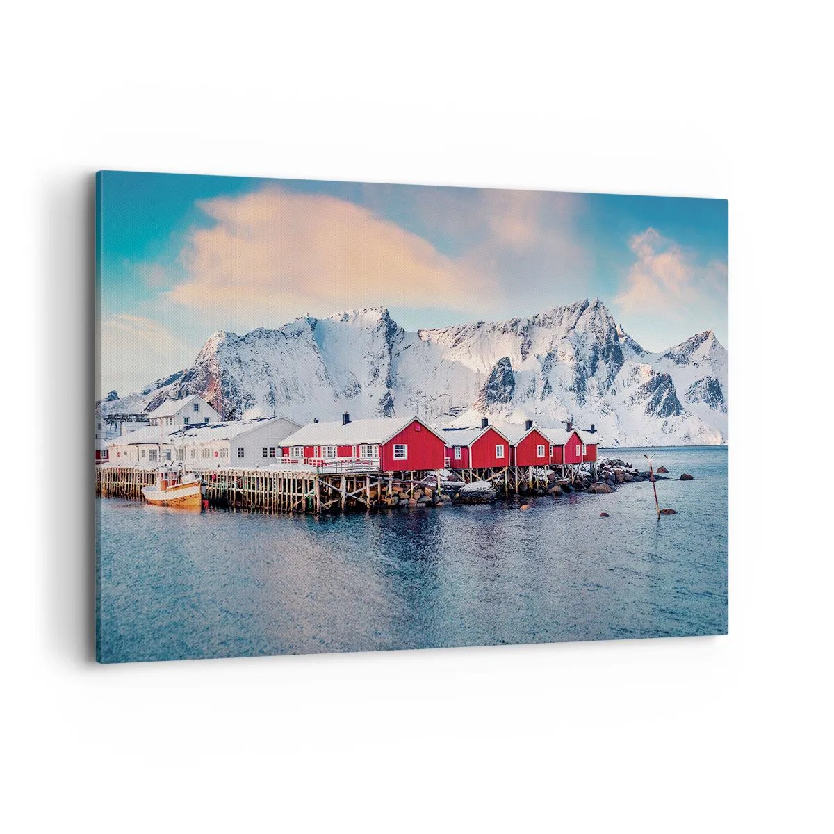 Obraz na płótnie - Czerwone domki na tle śnieżnych gór i błękitnego morza - 120x80cm - Północne ustronie - Nowoczesna dekoracja ścienna do salonu, kuchni i sypialni ARTTOR