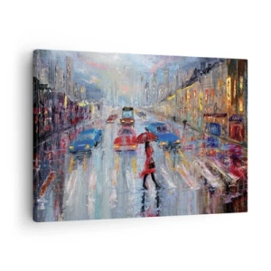 Obraz na płótnie - Kobieta z parasolem na deszczowej ulicy w świetle neonów - 70x50cm - Deszczowe popołudnie w mieście - Nowoczesna dekoracja ścienna do salonu i sypialni ARTTOR