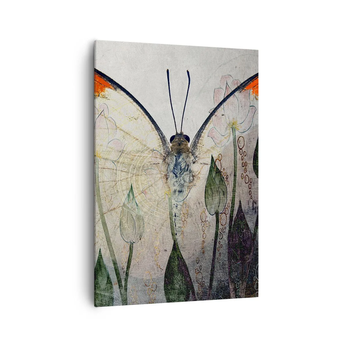 Obraz na płótnie - Motyl z pomarańczowymi skrzydłami na tle stylizowanych kwiatów - 70x100cm - "Kędy się motyl kołysa na trawie" - Nowoczesna dekoracja ścienna do salonu i sypialni ARTTOR