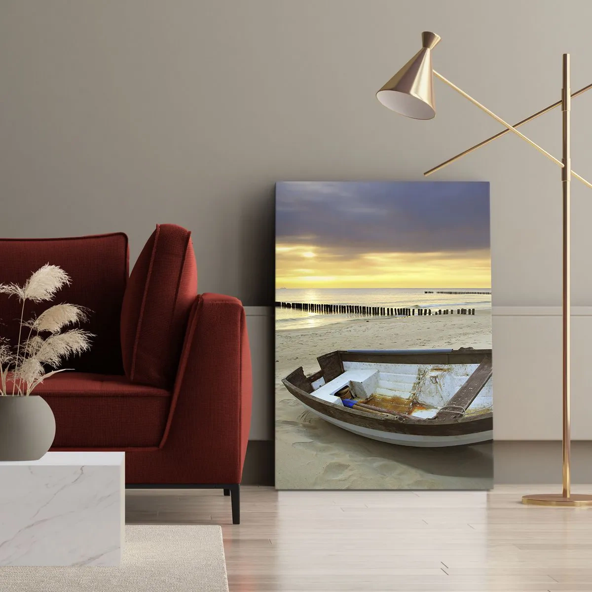 Obraz na płótnie - Łódź na piaszczystej plaży o zachodzie słońca - 50x70cm - Nie ma piękniejszych plaż - Nowoczesna dekoracja ścienna do salonu, kuchni i sypialni ARTTOR