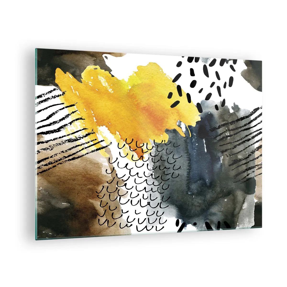 Obraz na szkle - Abstrakcyjna kompozycja z plamami i liniami w kolorach ziemi - 70x50cm - Spotkanie żywiołów - Nowoczesna dekoracja ścienna do salonu i sypialni ARTTOR