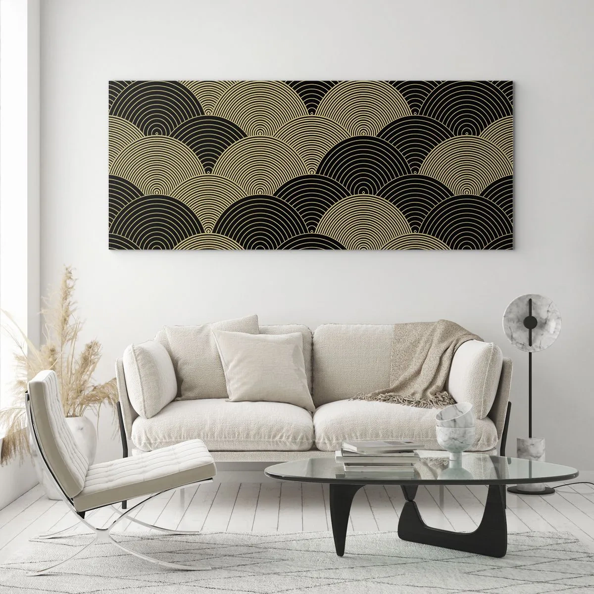 Obraz na szkle - Wzór w stylu art deco z półokręgami i złotymi liniami - 120x50cm - Jedność w wielości - Nowoczesna dekoracja ścienna do salonu i sypialni ARTTOR