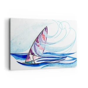 Obraz na płótnie - Surfer na falach w abstrakcyjnej kompozycji akwarelowej - 100x70cm - Z wiatrem w rytmie fal - Nowoczesna dekoracja ścienna do salonu, kuchni i sypialni ARTTOR