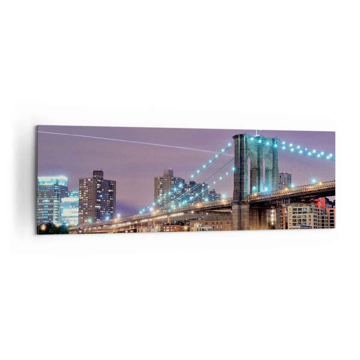 Obraz na płótnie - Brookliński Most nocą z podświetlonym miastem w tle - 160x50cm - Od wielu lat Brookliński Most - Nowoczesna dekoracja ścienna do salonu i sypialni ARTTOR