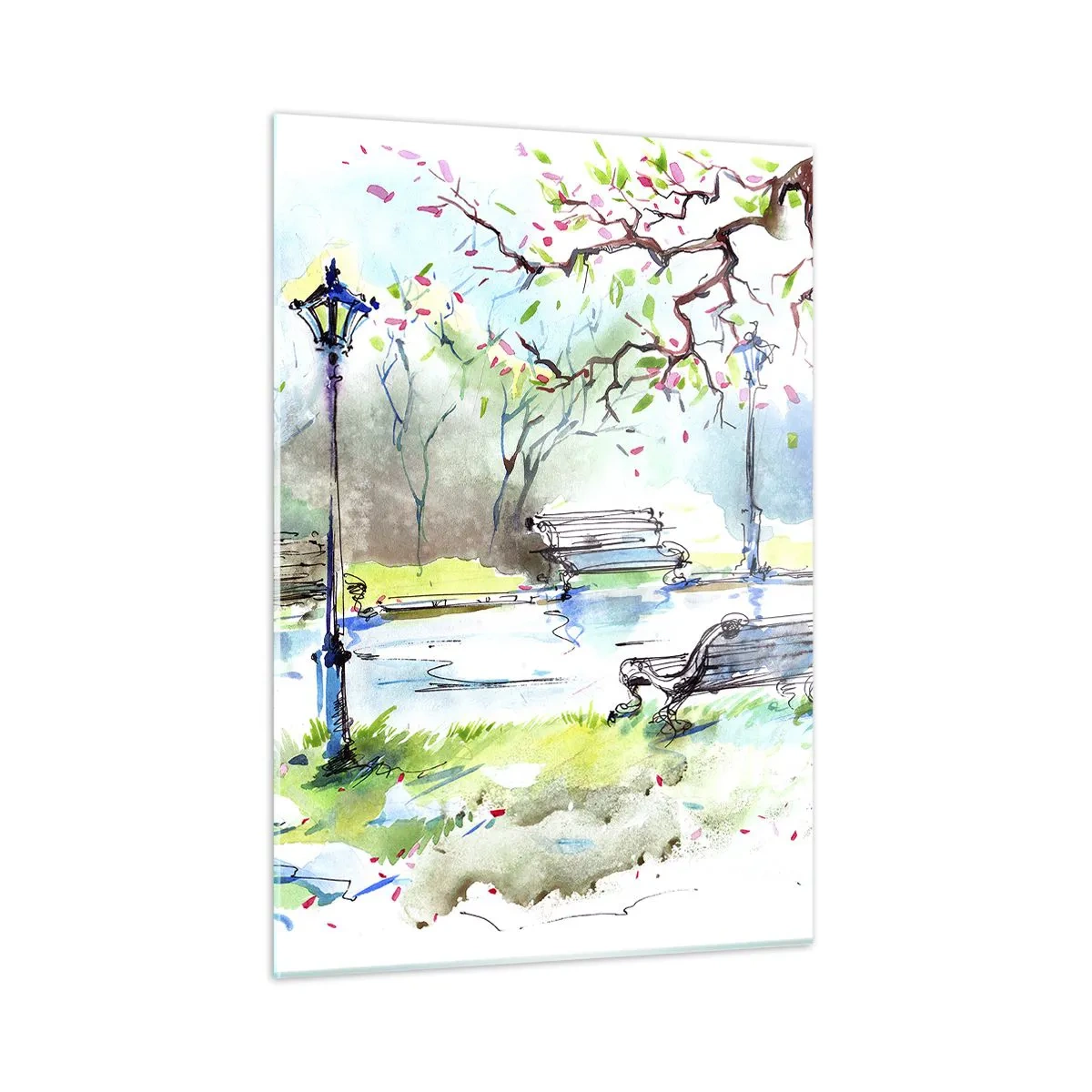 Obraz na szkle - Akwarela parkowej scenerii z ławkami i latarniami - 50x70cm - Czar parkowej ciszy - Nowoczesna dekoracja ścienna do salonu, kuchni i sypialni ARTTOR