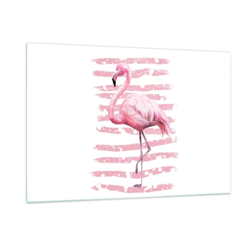 Obraz na szkle - Różowy flaming na tle artystycznych różowych pasów - 120x80cm - Z godnościa, choć na różowo - Nowoczesna dekoracja ścienna do salonu, kuchni i sypialni ARTTOR