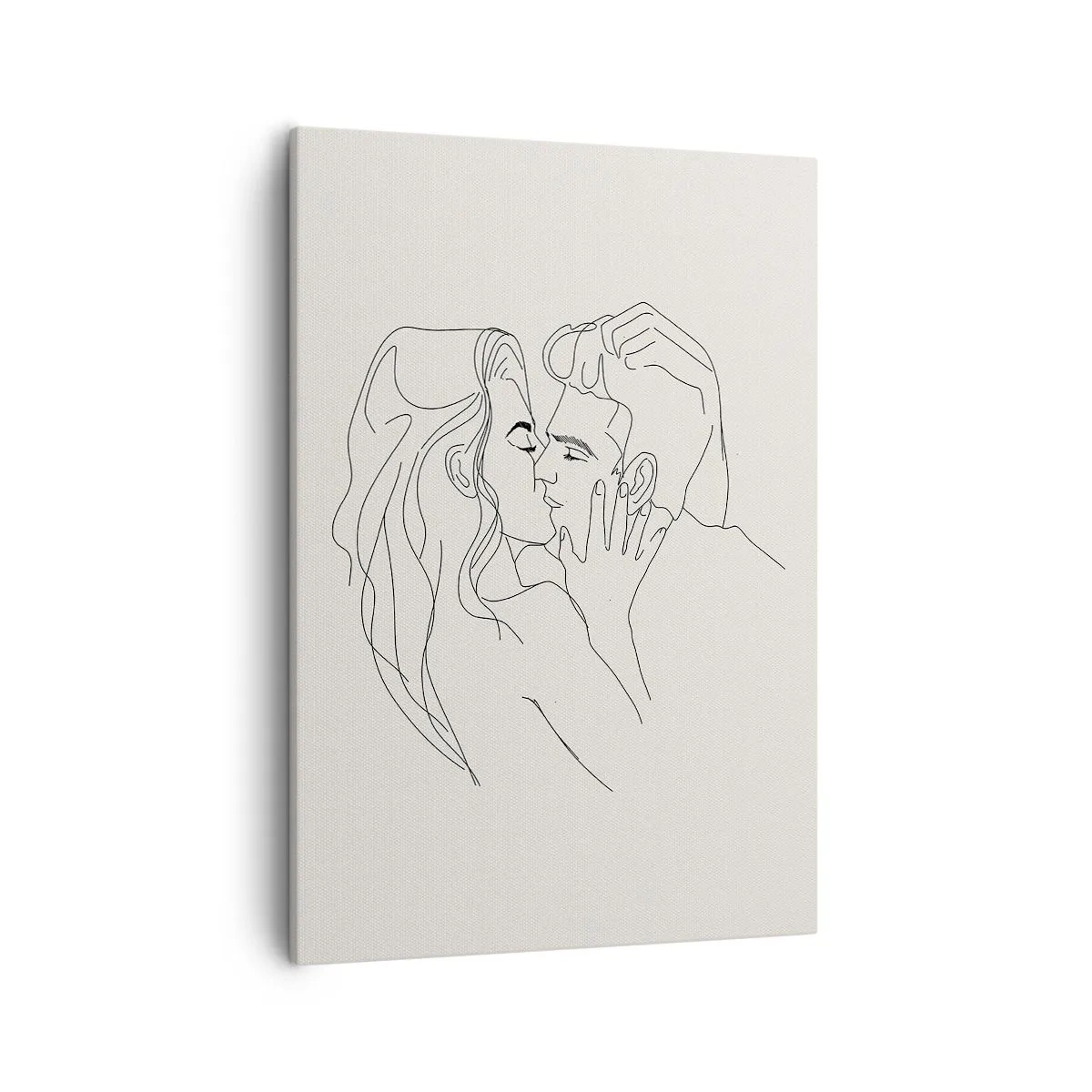 Obraz na płótnie - Minimalistyczna grafika pary w pocałunku, rysunek liniowy - 50x70cm - Splątani uczuciem - Nowoczesna dekoracja ścienna do salonu, kuchni i sypialni ARTTOR