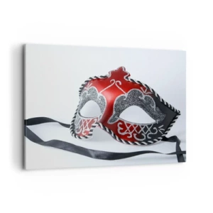 Obraz na płótnie - Czerwona maska karnawałowa na jasnym tle - 100x70cm - Zaproszenie na bal - Nowoczesna dekoracja ścienna do salonu, kuchni i sypialni ARTTOR