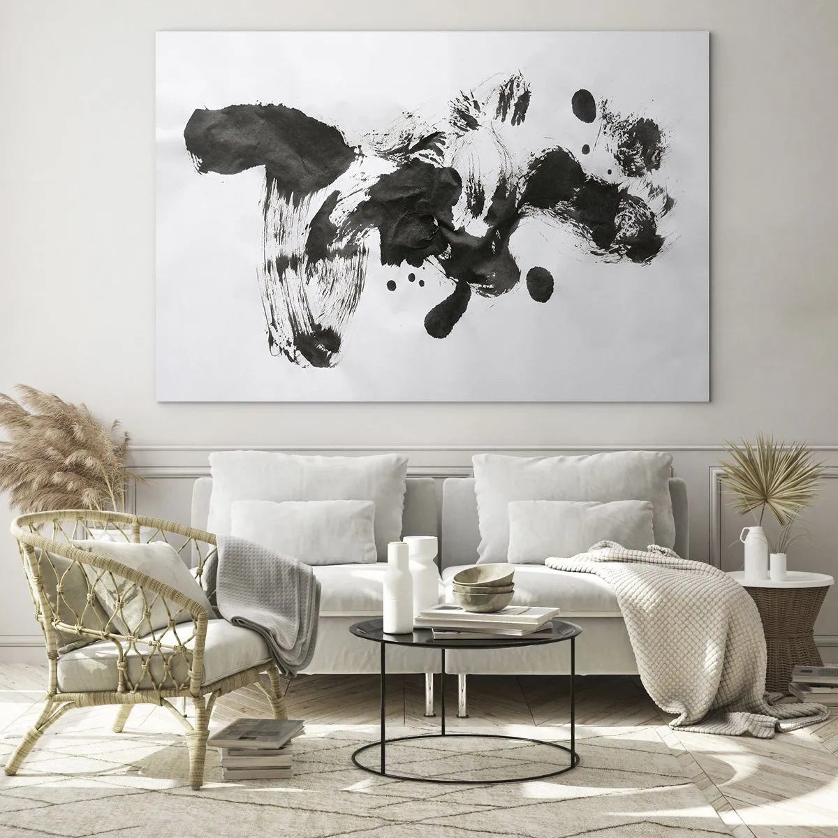 Obraz na szkle - Abstrakcyjna czarna plama i pociągnięcia pędzla na białym tle - 70x50cm - W szaleństwie metoda? - Nowoczesna dekoracja ścienna do salonu i sypialni ARTTOR