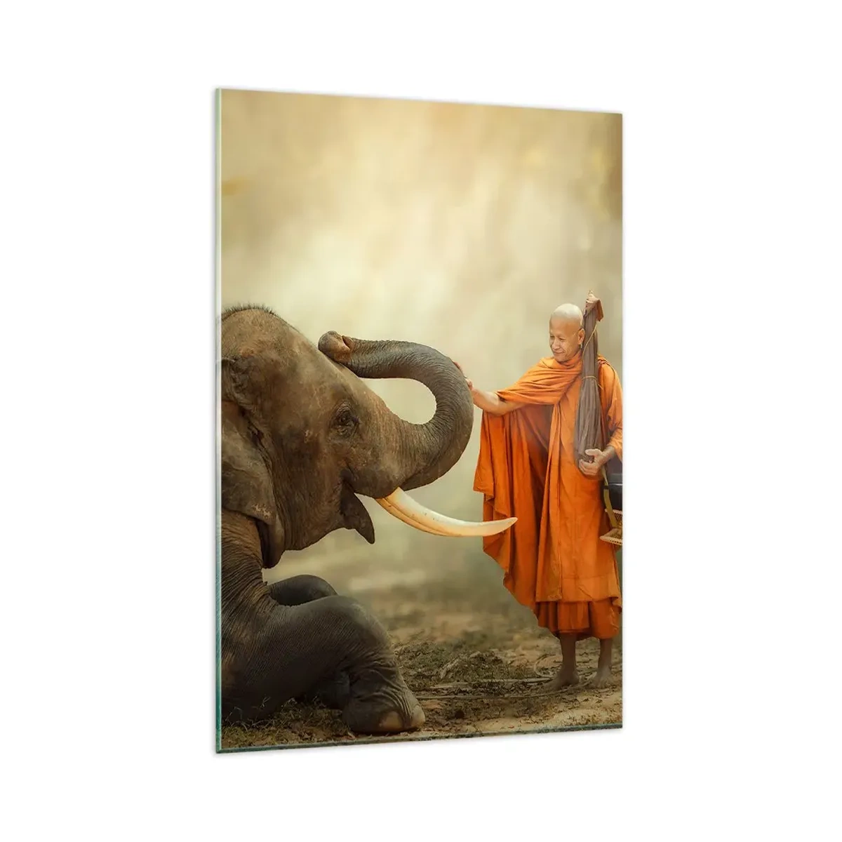 Obraz na szkle - Mnich i słoń w harmonii na tle natury - 80x120cm - Spotkanie w podróży - Nowoczesna dekoracja ścienna do salonu i sypialni ARTTOR
