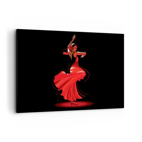 Obraz na płótnie - Tancerka flamenco w czerwonej sukni na czarnym tle - 120x80cm - Ognisty duch flamenco - Nowoczesna dekoracja ścienna do salonu, kuchni i sypialni ARTTOR