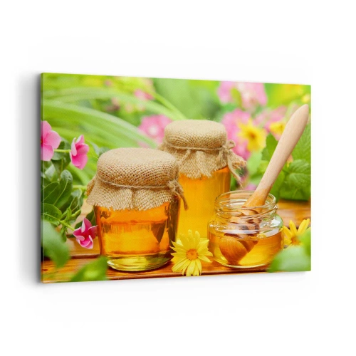 Obraz na płótnie - Słoiki miodu z kwiatami na tle letniego ogrodu - 120x80cm - Słodko i kwiatowo - Nowoczesna dekoracja ścienna do salonu, kuchni i sypialni ARTTOR