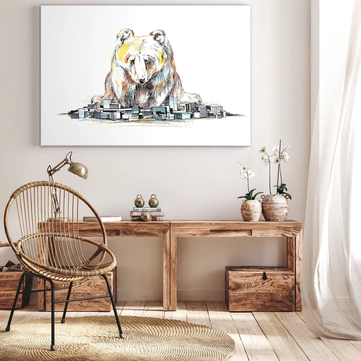 Obraz na płótnie - Ilustracja niedźwiedzia z kolorowymi detalami i blokami - 70x50cm - Jak można tak żyć? - Nowoczesna dekoracja ścienna do salonu i sypialni ARTTOR