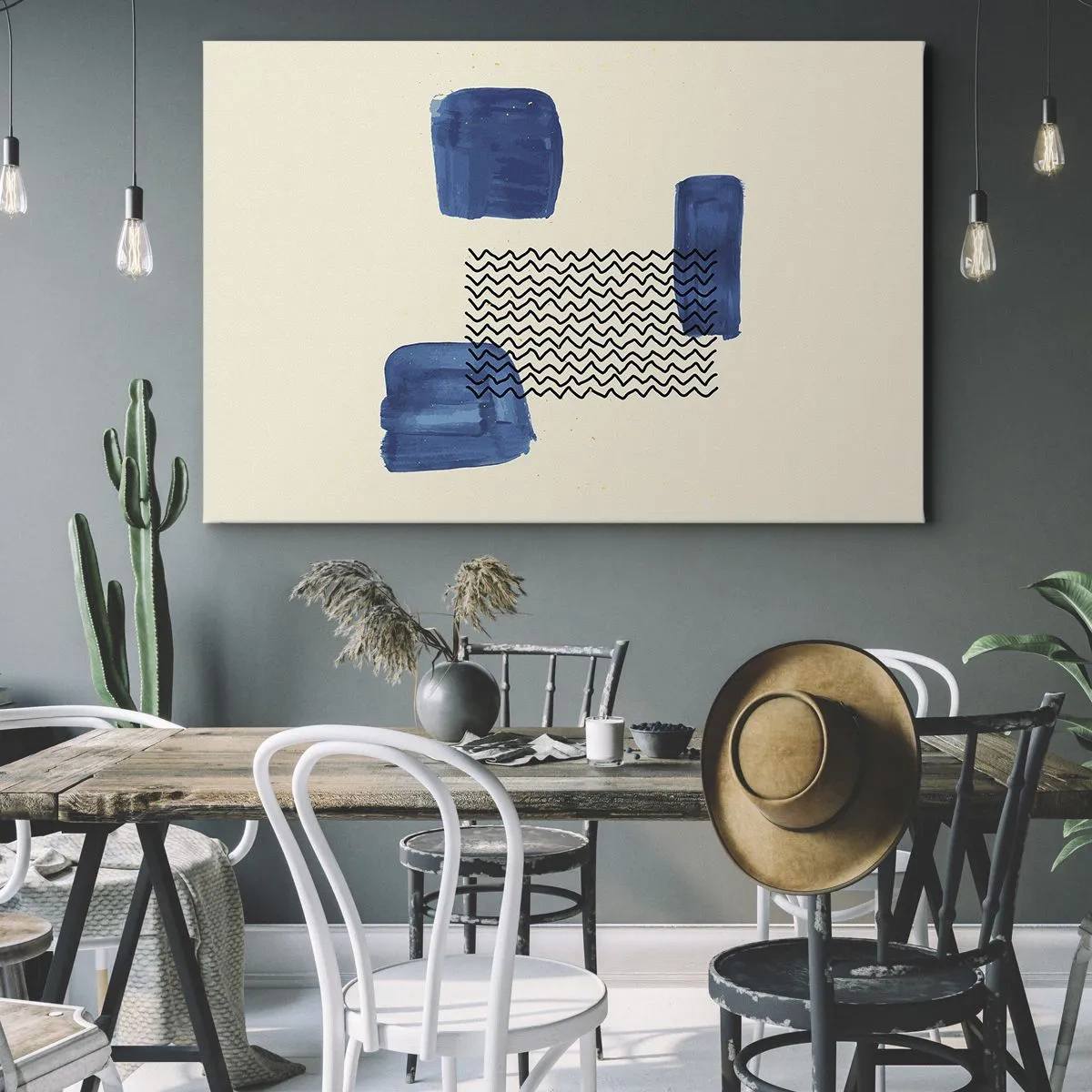 Obraz na płótnie - Abstrakcyjna kompozycja z niebieskimi plamami i falistymi liniami - 120x80cm - Abstrakcyjny kwartet - Nowoczesna dekoracja ścienna do salonu, kuchni i sypialni ARTTOR