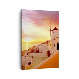 Obraz na płótnie - Santorini o zachodzie słońca z wiatrakiem - 70x100cm - Rozpłynąć się w bieli i złocie - Nowoczesna dekoracja ścienna do salonu i sypialni ARTTOR