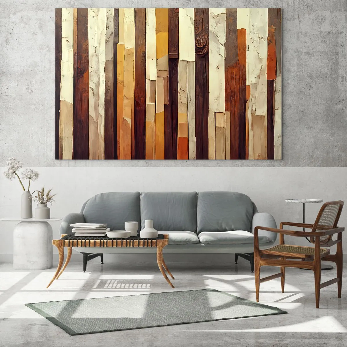 Obraz na szkle - Kompozycja z pionowych pasów w odcieniach drewna i beżu - 70x50cm - Hymn leśnych drzew - Nowoczesna dekoracja ścienna do salonu i sypialni ARTTOR