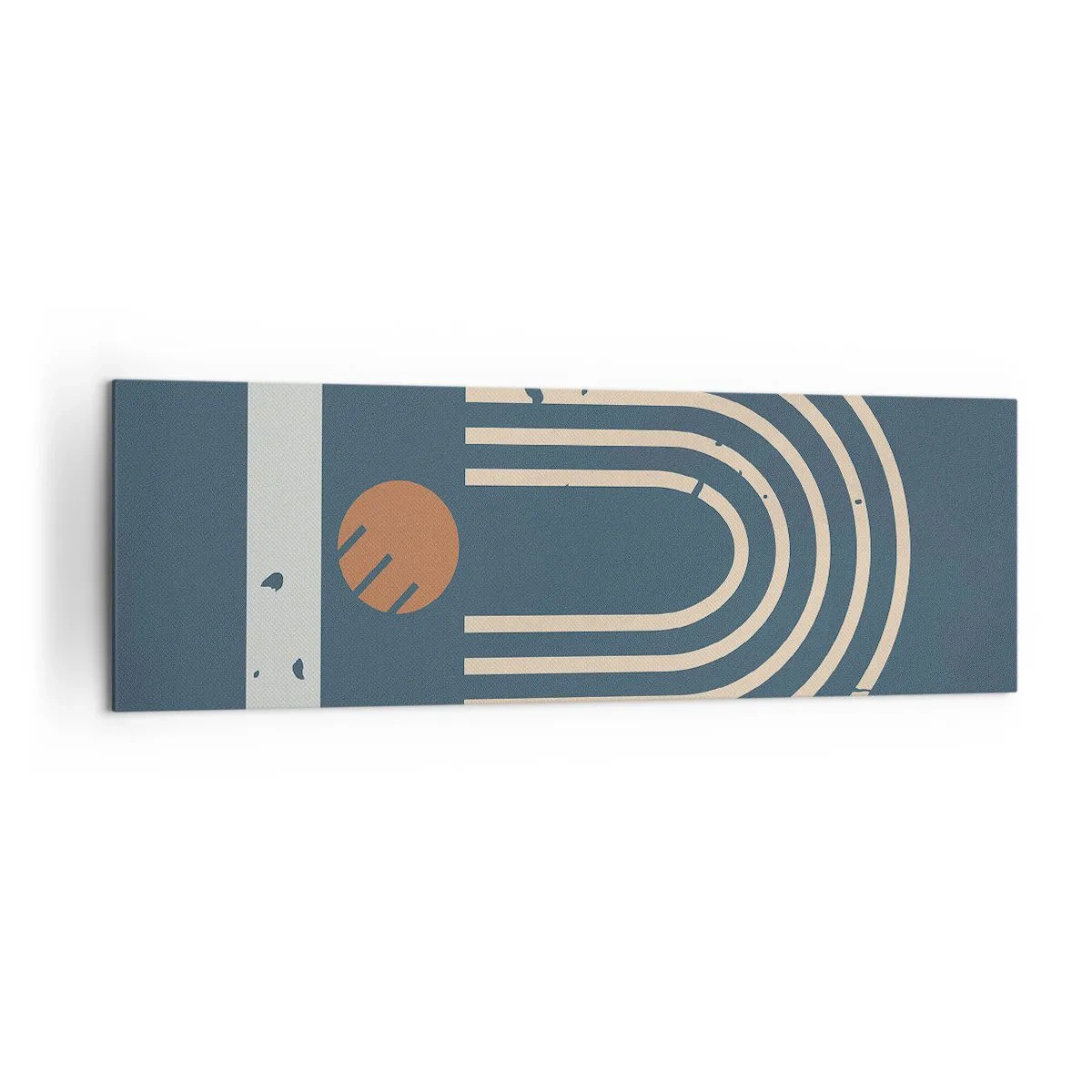 Obraz na płótnie - Geometryczny wzór w odcieniach granatu, beżu i pomarańczu na ciemnym tle - 160x50cm - Geometria na granacie - Nowoczesna dekoracja ścienna do salonu i sypialni ARTTOR