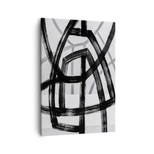 Obraz na płótnie - Czarno-biała abstrakcja z dynamicznymi geometrycznymi liniami - 50x70cm - Budowanie głębi - Nowoczesna dekoracja ścienna do salonu, kuchni i sypialni ARTTOR
