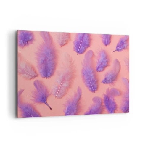 Obraz na płótnie - Fioletowe i różowe piórka na pastelowym tle - 100x70cm - Liliowy ptak pragnienia - Nowoczesna dekoracja ścienna do salonu, kuchni i sypialni ARTTOR