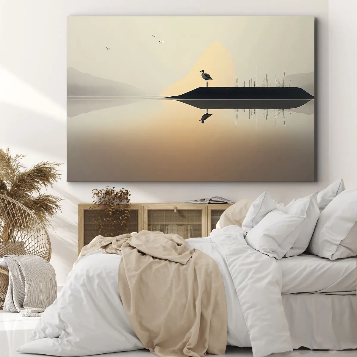Obraz na płótnie - Ptak na wyspie w spokojnym jeziorze o ciepłych odcieniach - 70x50cm - Pan na jeziorze - Nowoczesna dekoracja ścienna do salonu i sypialni ARTTOR