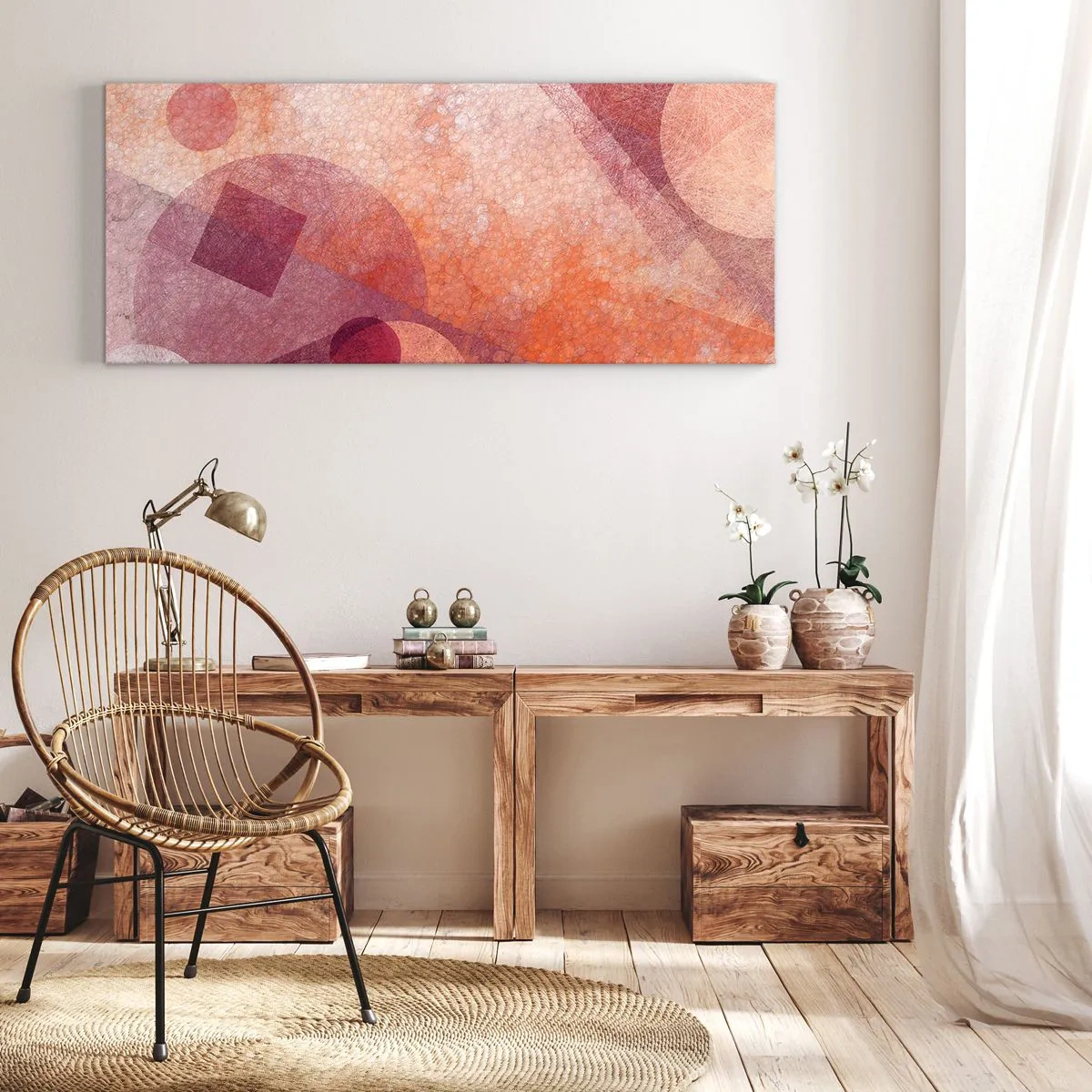 Obraz na płótnie - Abstrakcyjne kształty geometryczne w pastelowych odcieniach różu - 120x50cm - Przekształcenia geometryczne w różu - Nowoczesna dekoracja ścienna do salonu i sypialni ARTTOR