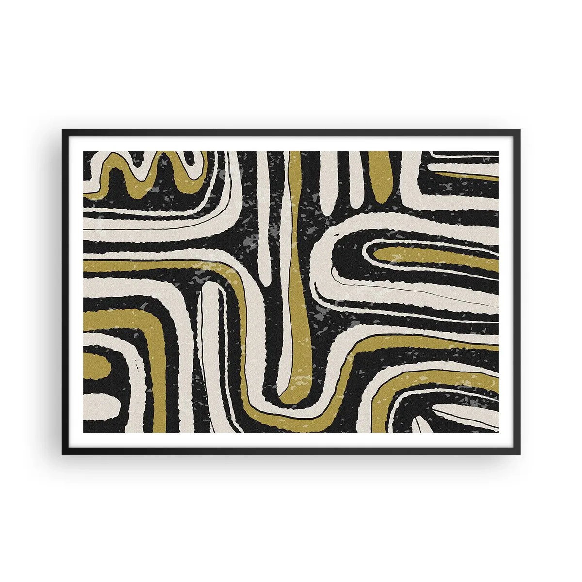 Plakat w czarnej ramie - Abstrakcyjny wzór w czerni, bieli i złocie - 100x70cm - Kompozycja: trakty i zaułki - Nowoczesna dekoracja ścienna do salonu i sypialni ARTTOR